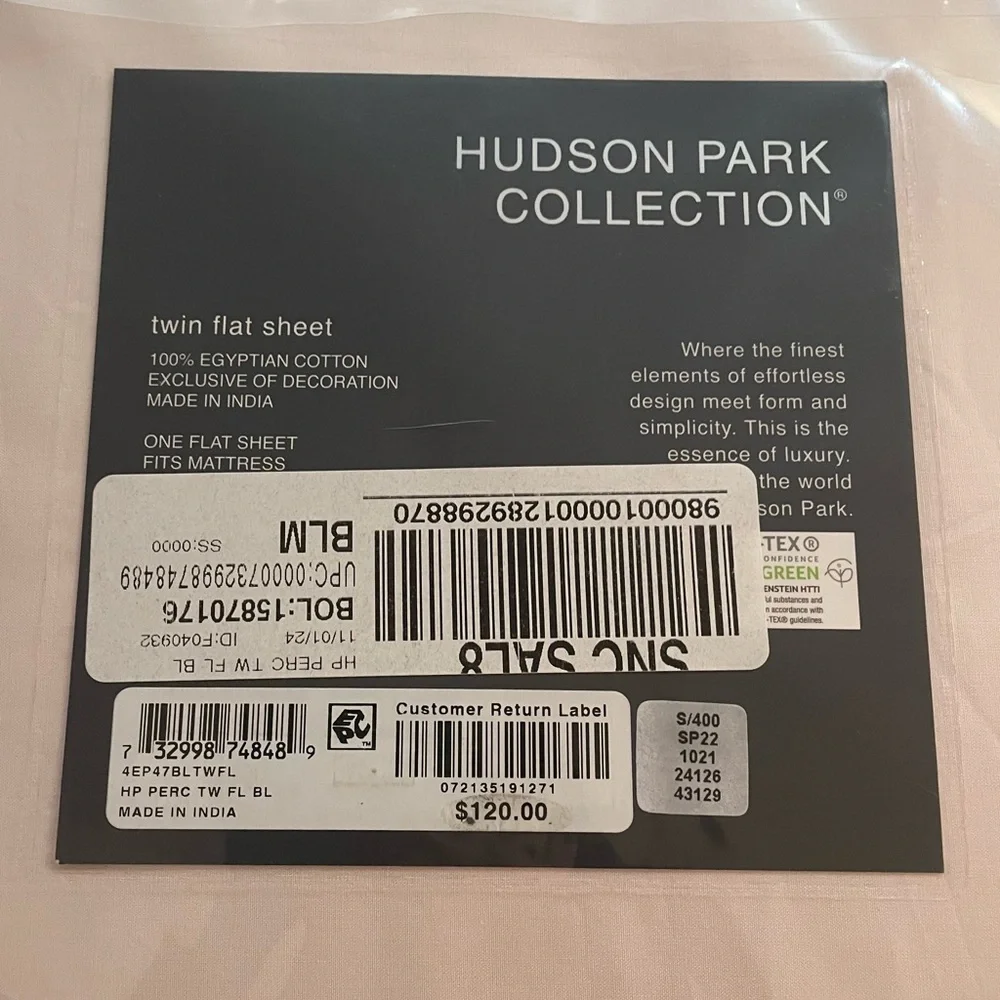 NWT $120 Hudson Park Collection Twin Flat Sheet - 100% Egyptian Cotton